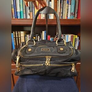 DKNY Black Nylon Leather Trim Satchel with Gold Accents